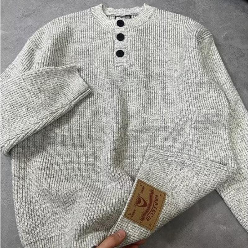Men s Gray Retro Henley Sweater - Winter Knitwear, Lazy Cleanfit Style, High-End Outerwear Triple Extra Large серый