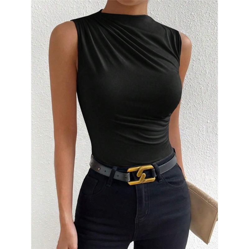 Women's Spring and Summer Fashion Versatile Solid Colour Pleated Half High Neck T-shirt
