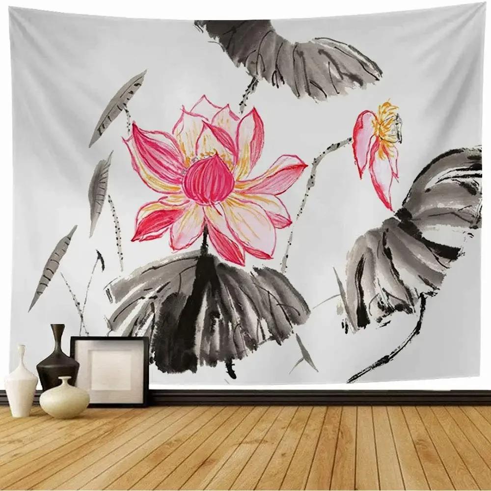 Watercolor Floral Lotus Tapestry Office Living Room Decoration Home Wall Tapestry