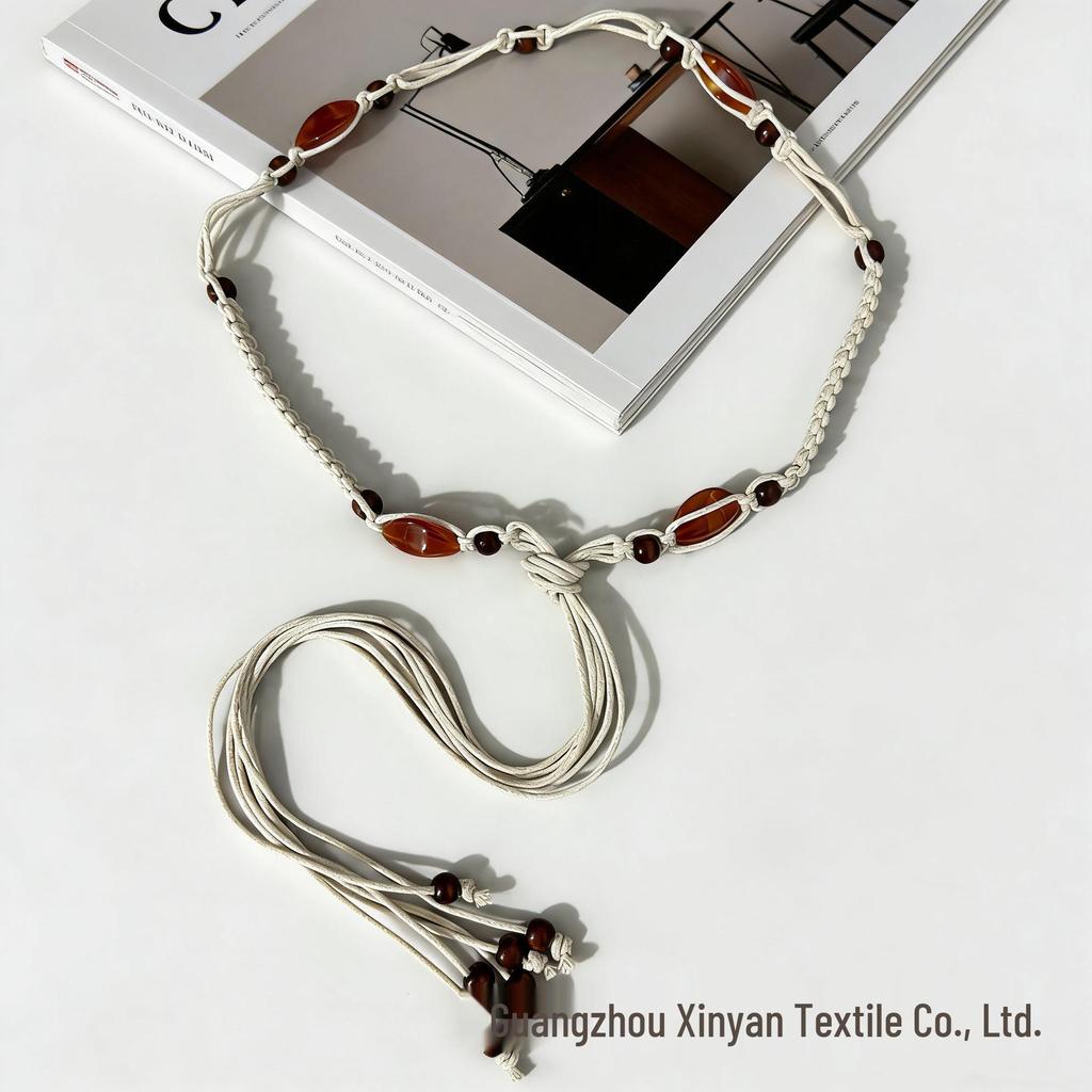 Bohemian Ethnic Handmade Woven Wax Cord Belt for Women: Decorative Waist Accessory for Dresses and Vacation Style.