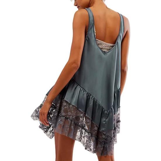 Abito da donna Abito da donna in tinta unita senza maniche con ricamo floreale in pizzo trasparente con patchwork di pizzo