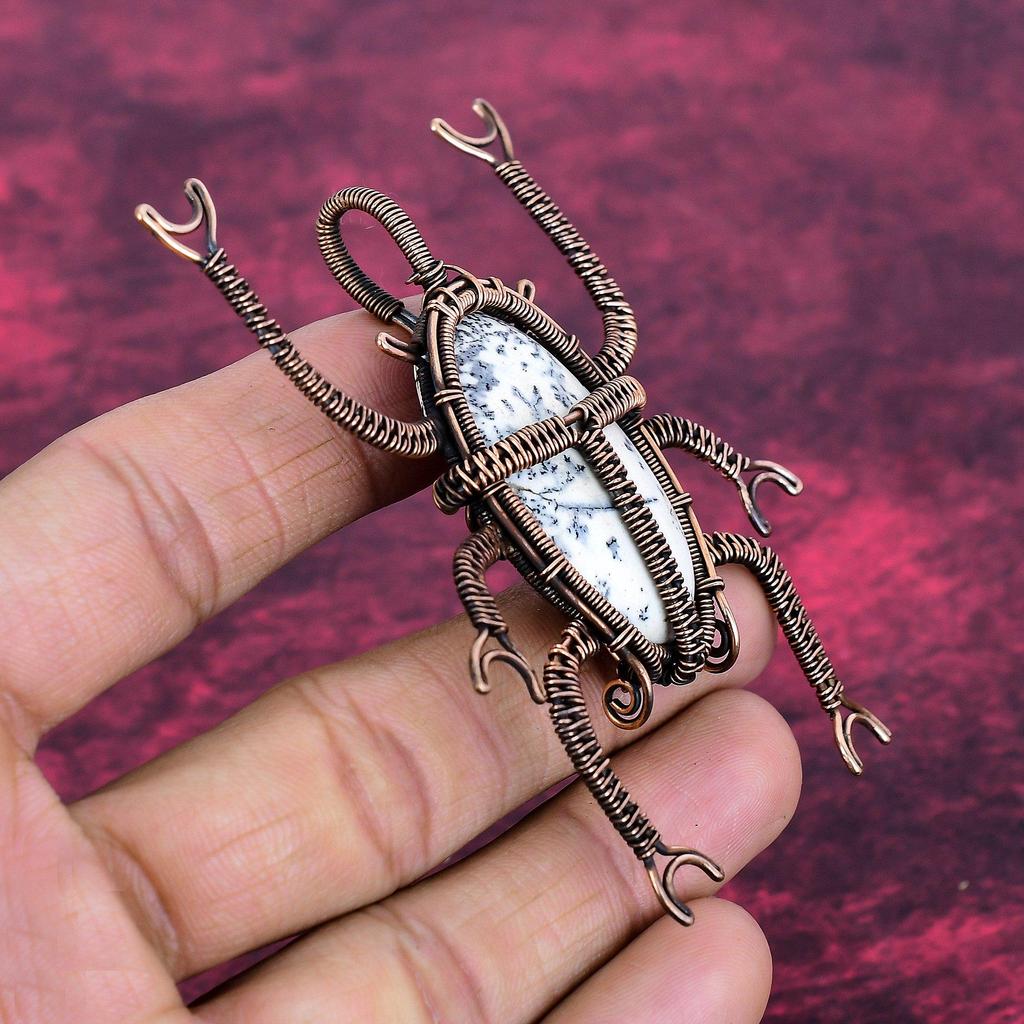 Dendrite Opal Gemstone Pendant Unique Beetle Pendant Copper Wire Wrapped Jewelry