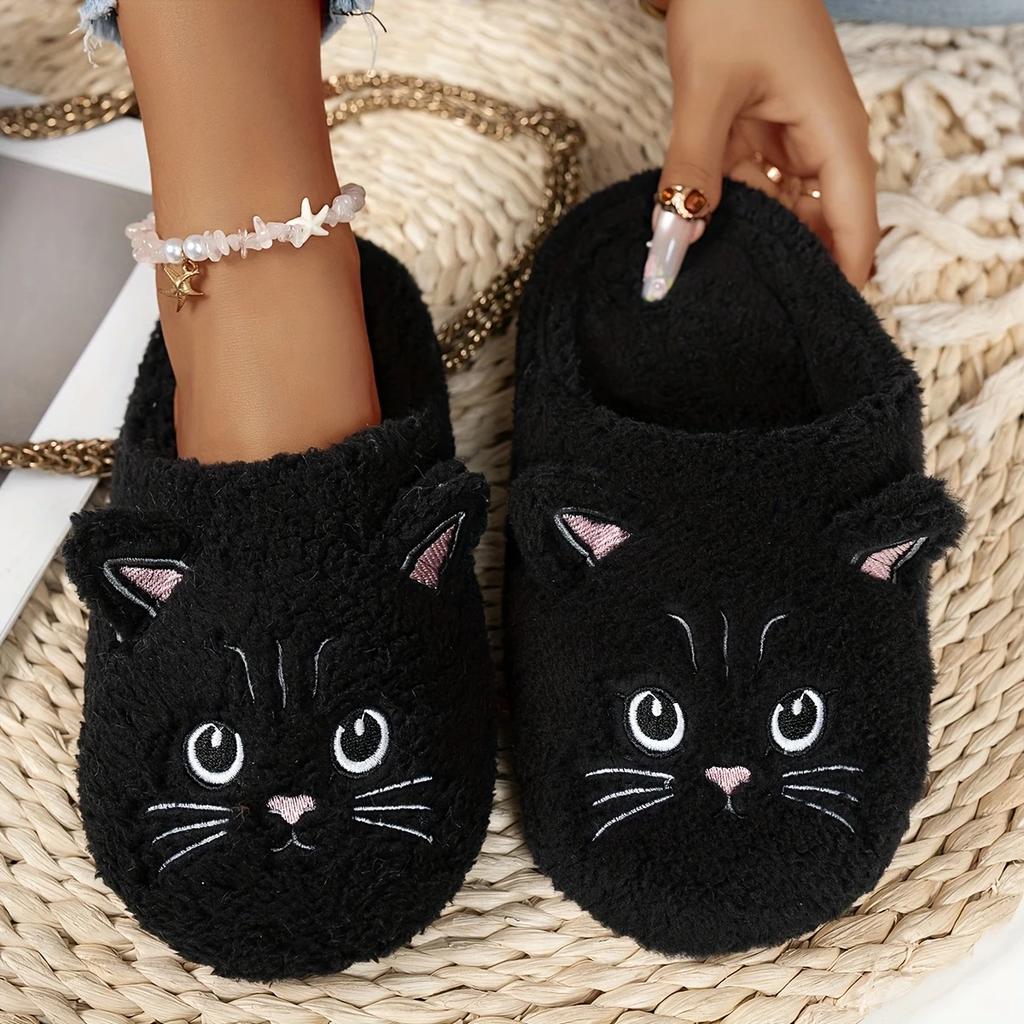 Women's Plush Slip-On Slippers with Cat Design - Soft Plush Fabric Cute Cartoon Kitty Home Slippers