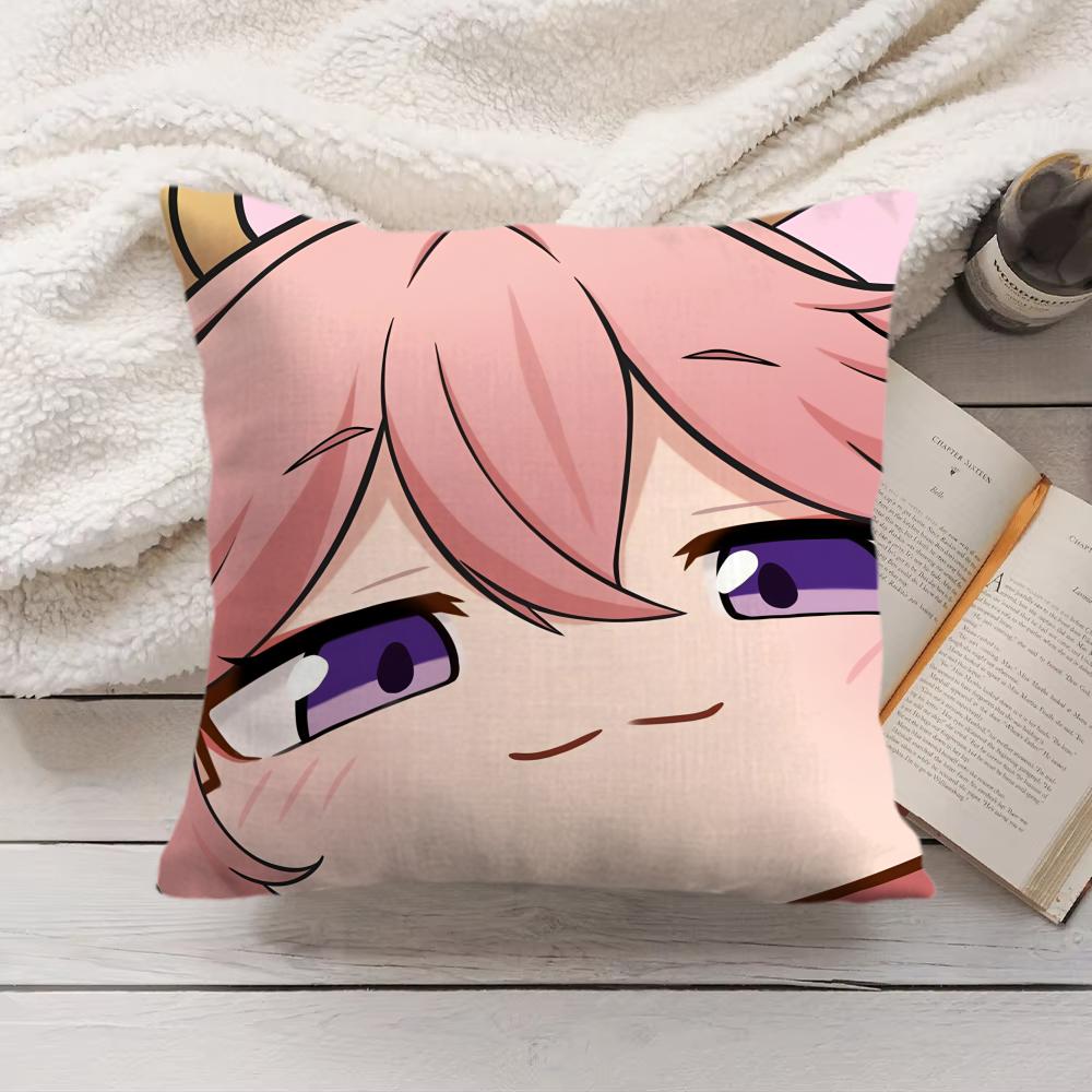 Yae Miko Cute Genshin Impact Cushion Cover Silky Short Plush Invisible Zipper Dustproof Sofa Pillow Case For Home Decor