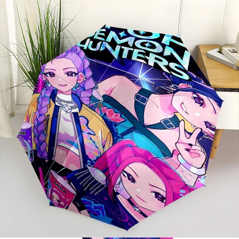 KPop Demon Hunters Print Automatic Open Close Umbrella, Portable Foldable Umbrella, for Outdoor Commute Camping Trip, Ideal Birthday Gift