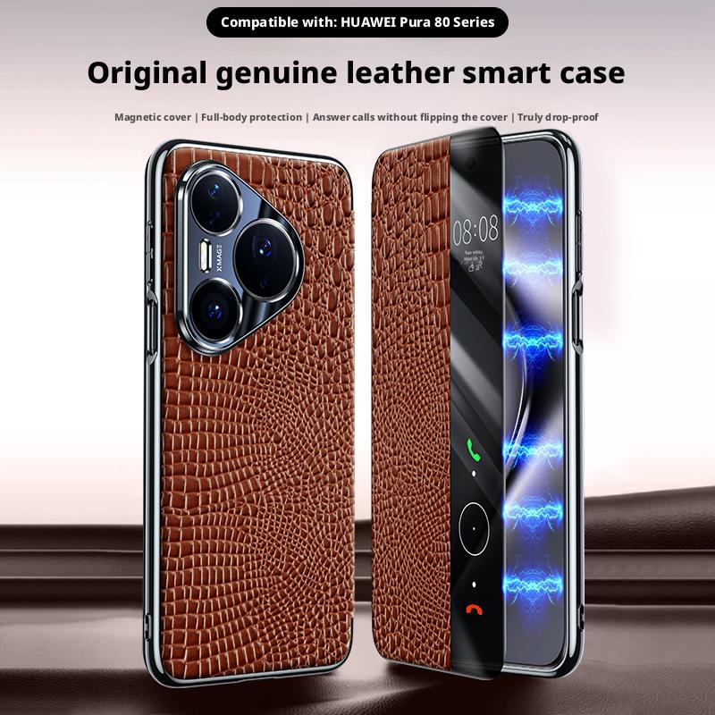 Premium Genuine Leather Crocodile Case For Huawei Pura 80 Ultra/ 80 Pro/80 Pro Plus/80 Magnetic Smart Window Anti-drop Cover
