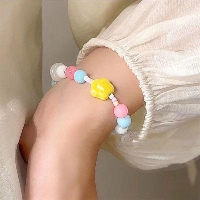 Fashionable Summer Dopamine Rainbow Beaded Flower Bracelet For Women Trendy Jewelry Gift