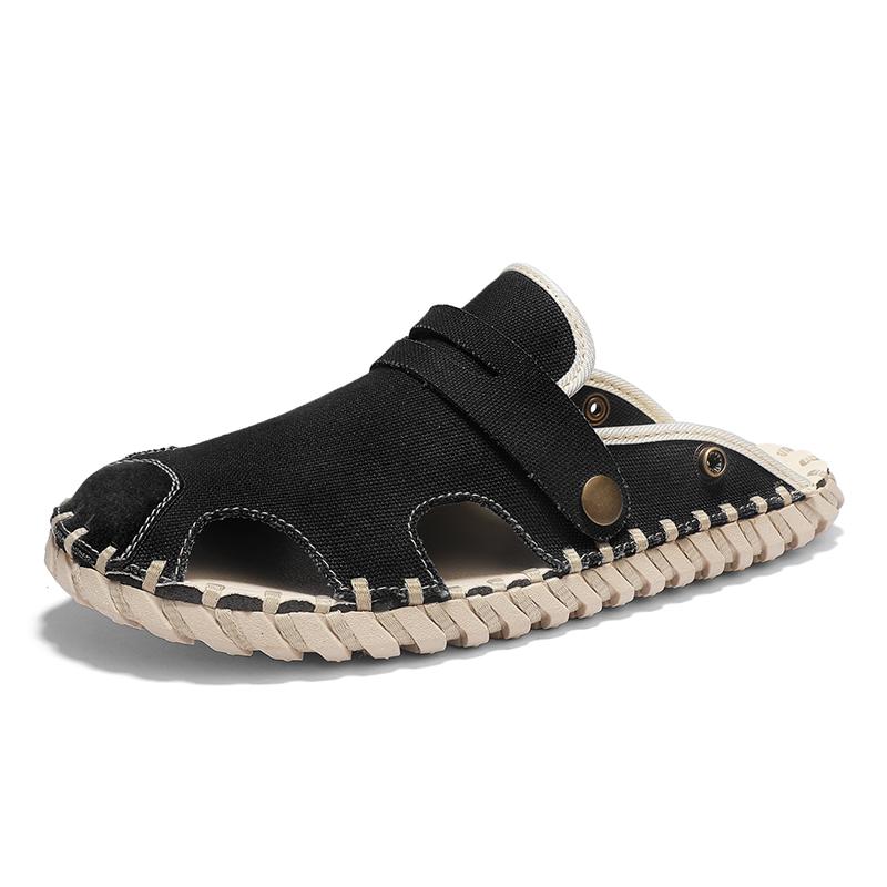 Fashion Breathable Hand sewn canvas casual slippers Trendy men's design styles Street outdoor walking Black daily shoes summer New Flat