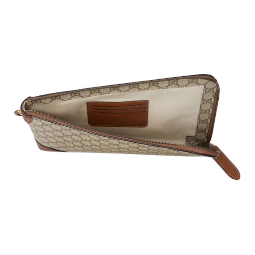 Gucci GG Monogram Canvas Leather Trim Wrist Strap Clutch Bag With Gold Hardware For Unisex Luxury Daily Travel Use