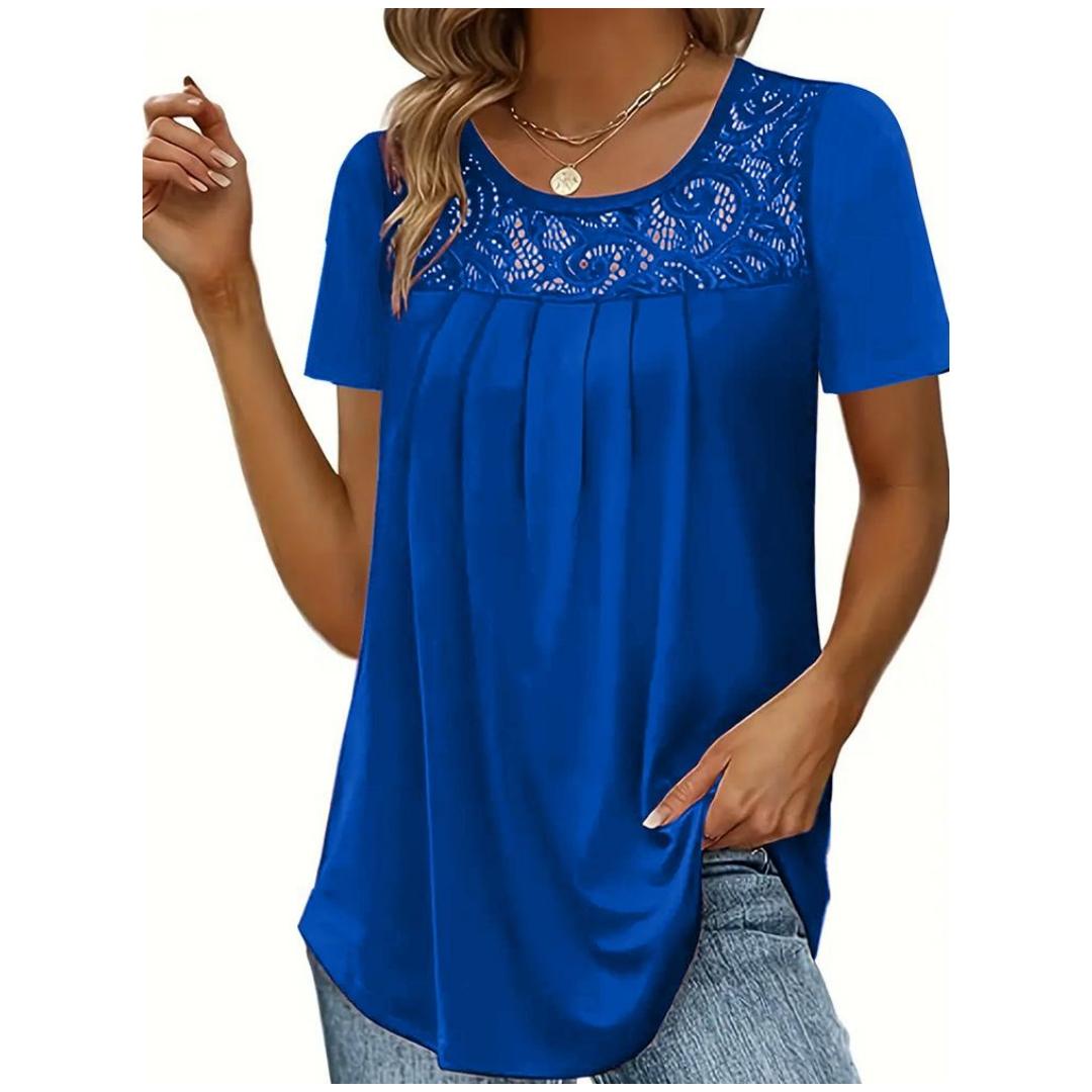 

Модные женские летние однотонные футболки с кружевным декором и U-образным вырезом с коротким рукавом, свободные пуловеры, топ 5XL