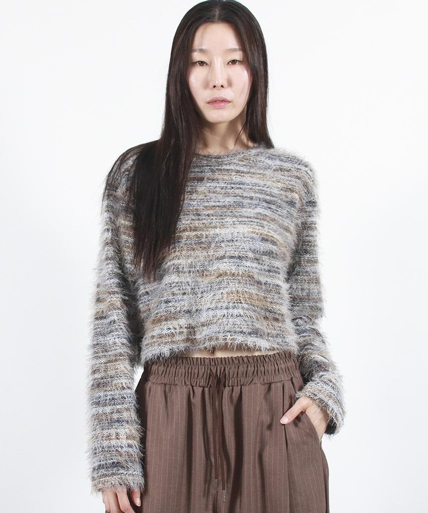 Deumakeu Rainbow Stripe Crop Long Sleeve Knit - Beige