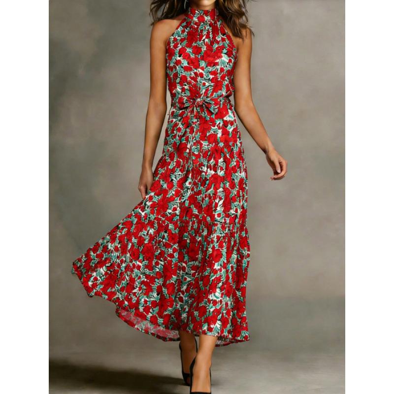 European and American summer long dress new bohemian vacation print neck sleeveless long dress S красный