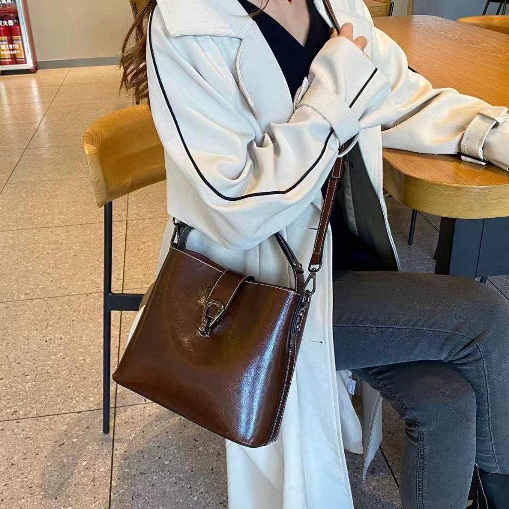 Korean Style Genuine Leather Double Strap Crossbody Bucket Bag