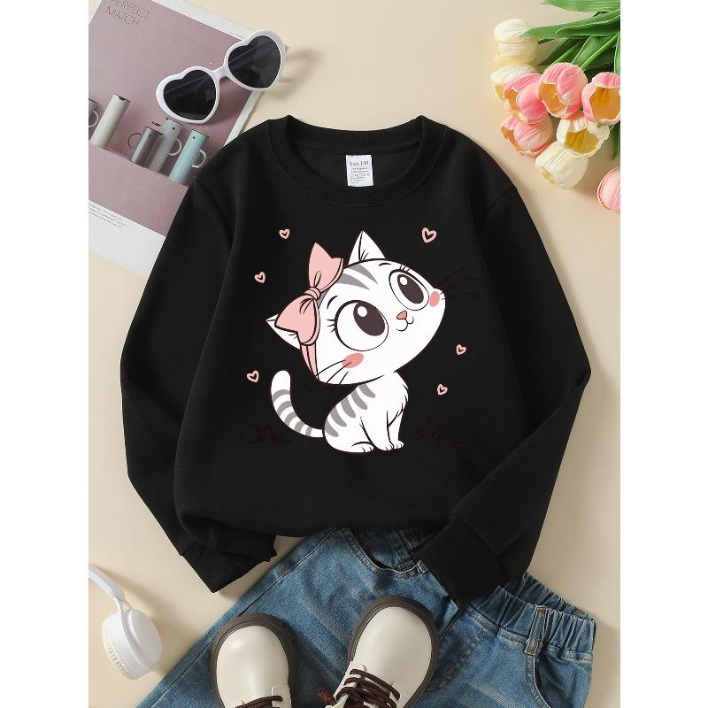 European Sizes Girls' Round Neck Fashion Sweatshirt, Cute Cat with Bow Hearts, Casual Sporty Versatile