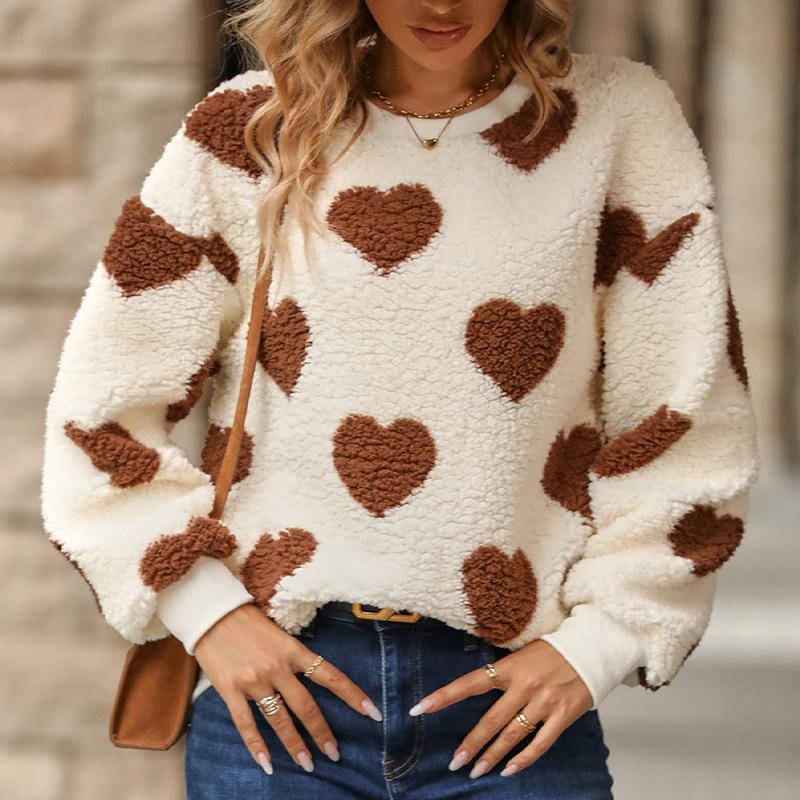 

Женский флисовый свитшот с принтом сердечек, оверсайз, с длинным рукавом, пуловер, уютная одежда для дома 2XL хаки