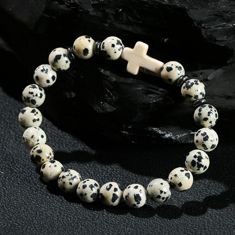 Natural Stone Bead With White Turquoise Cross Bracelets Women Men Classic Stretch Bangles Reiki Elastic Bracelet Gift