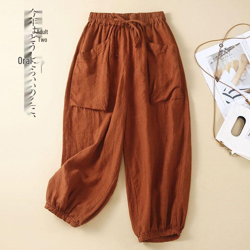 Women's Cotton Linen Harem Pants with Elastic Waist and Pockets