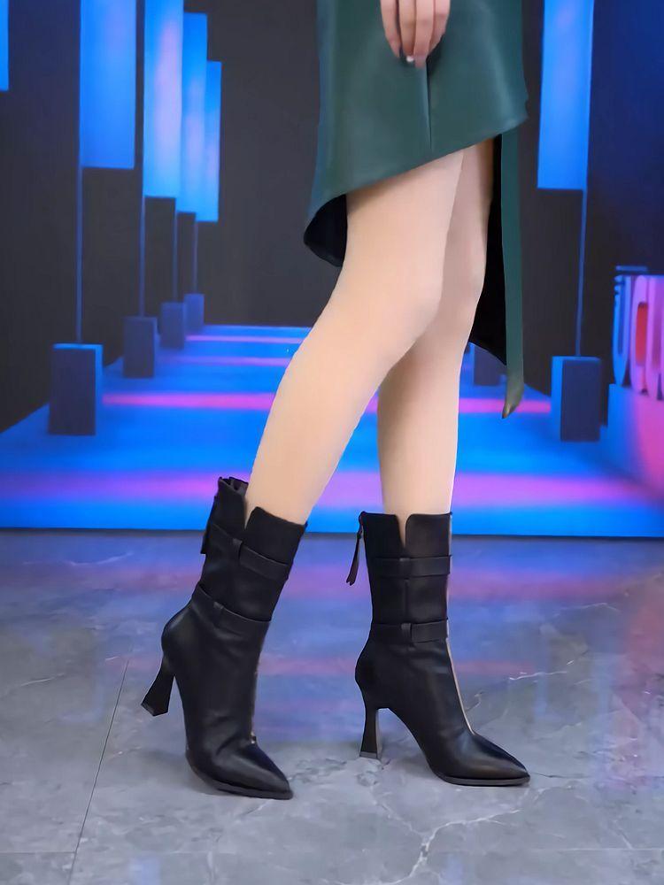 Fashion Zipper Leather Elegant Heeled Mid Calf Shoes Woman Pu on Offer Hot New in Waterproof Comfortable Gyaru Half High Boots for Women