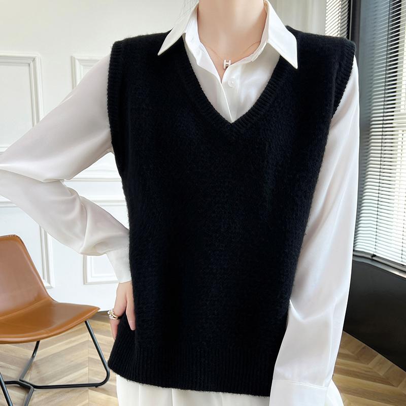 

Женский кашемировый жилет Qinghe кашемир 30% кашемир 70% шерсть осенне-зимний кашемировый жилет мягкий и теплый L чёрный