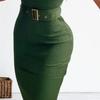 Women Commute Dress Slim Fit Belted High Waist Stand Collar V Neck Sleeveless Half Single-breasted OL Style Sheath Knee Length Formal Office