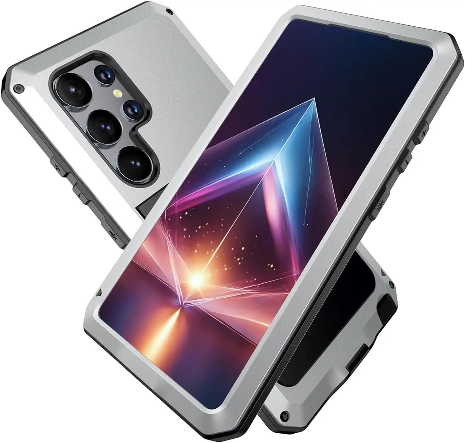 

For Samsung S26 S25 Edge S24 S23 S22 S21 Plus S20 Ultra Tank Armor Metal Case Shock Drop Proof Heavy Doom Luxury Cover S26Ultra(With Glass) срібний