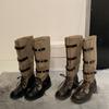 Sheepskin version~ retro style belt buckle boots women's autumn and winter new thick-soled high boots strap knight boots