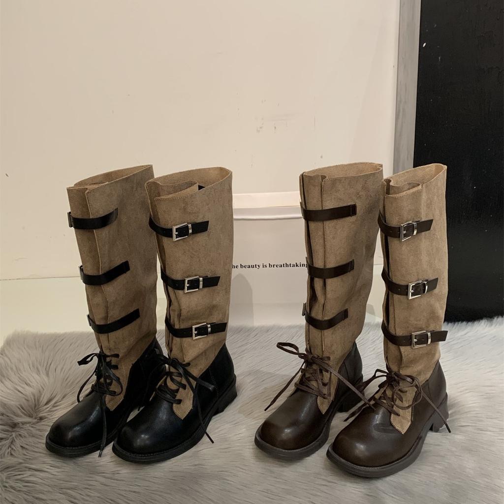 Sheepskin version~ retro style belt buckle boots women's autumn and winter new thick-soled high boots strap knight boots