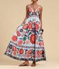 Women's V Neck Sleeveless A Line Dress Slim Fit Mid Rise Boho Floral Print Spaghetti Strap Maxi Dress