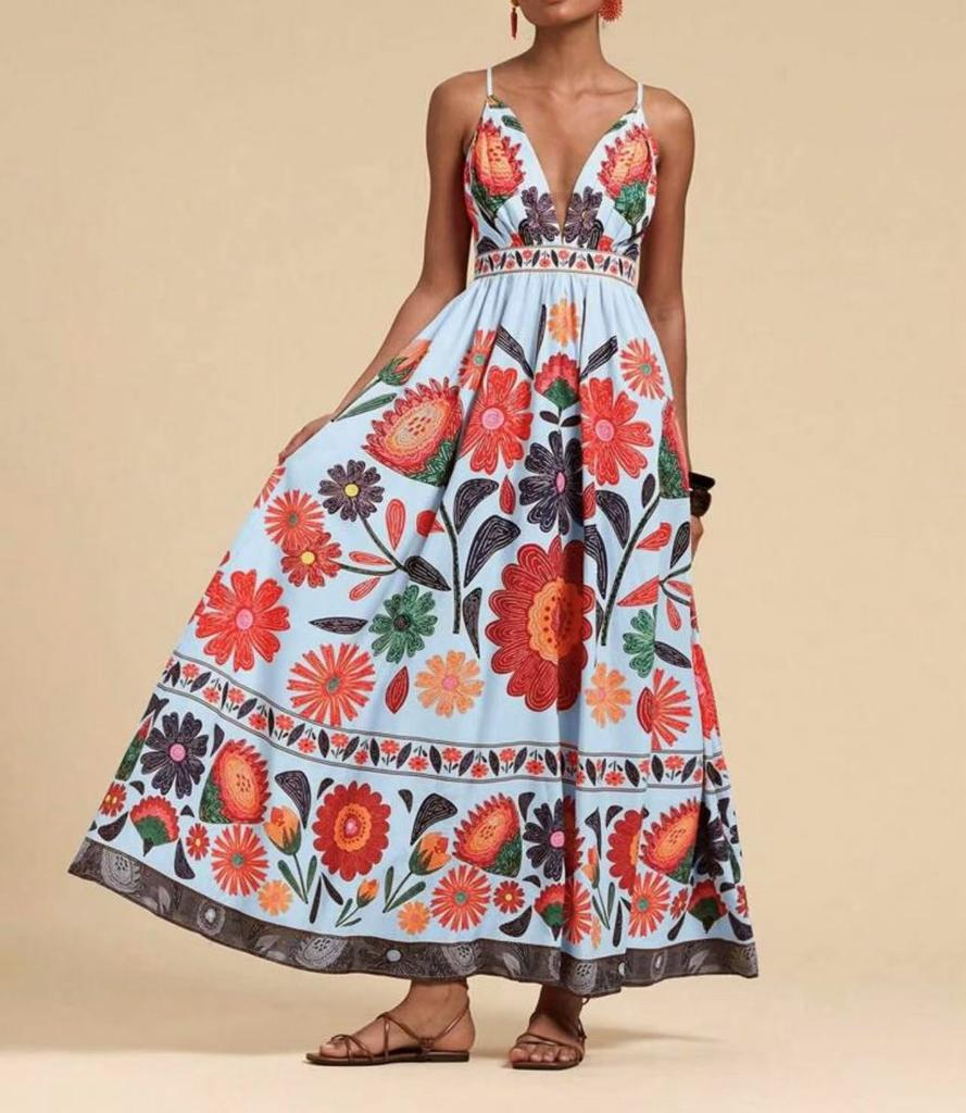 Women's V Neck Sleeveless A Line Dress Slim Fit Mid Rise Boho Floral Print Spaghetti Strap Maxi Dress