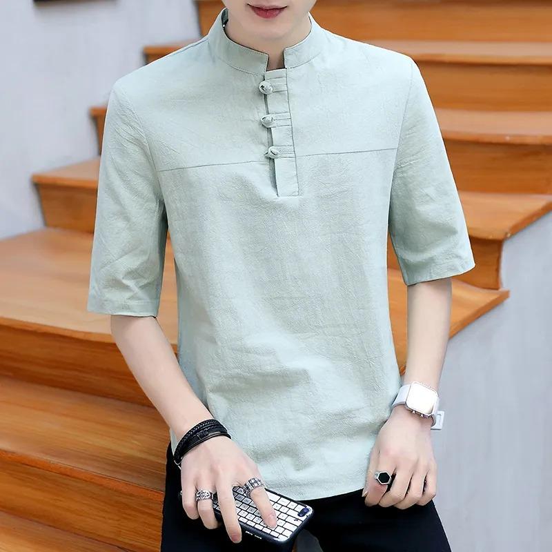 Mens Linen Blend Frog Button Stand Collar Half Sleeve Shirt