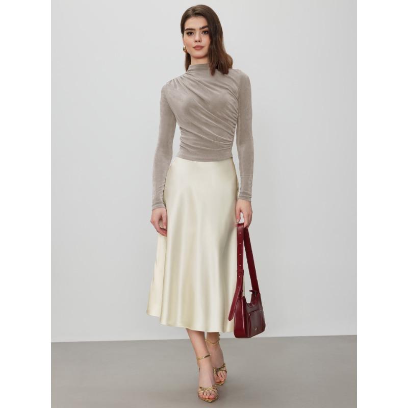 Autumn and Winter Slim Pullover Half High Neck Velvet Pleated Long Sleeve Top