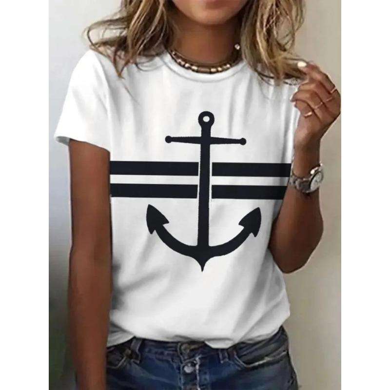 Women's 3D Printed T-Shirt Colorful Striped Boat Anchor Pattern Print Short Sleeve O-Neck Pullover Casual Top