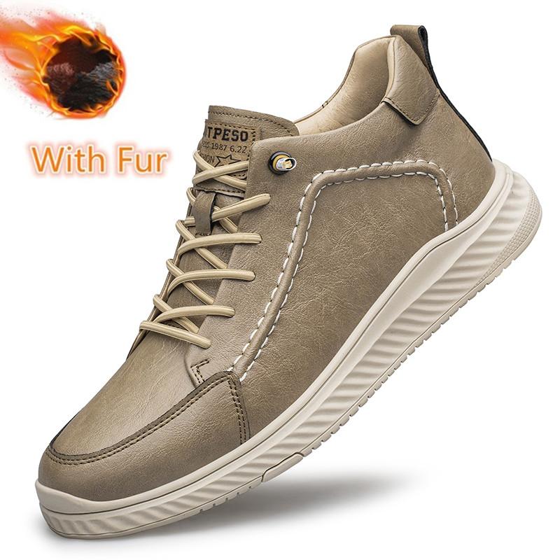 Mens Sneakers Genuine Leather Men's Boots Winter Platform Warm Fur Ankle Short Lace Up Novelty Concise Casual Work Shoes Botas