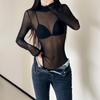 YPFF Women's Trendy Mesh High Neck See-Through Bodysuit - Slim Fit Long Sleeve Top