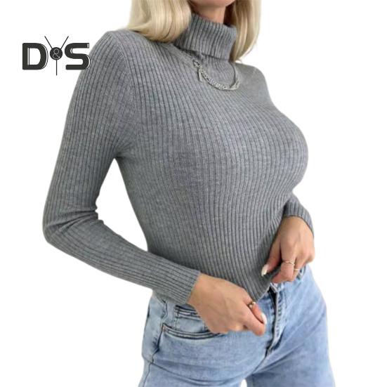 Damen-Pullover mit hohem Kragen, elastischem, atmungsaktivem Stoff, einfarbig, Strickpullover, Lazy Style, langärmelig, Slim Fit