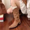 Autumn Winter Vintage Women Western Cowboy Boots Slip On Thick Heel Shoes Fashion Embroidery Knight Long Botas