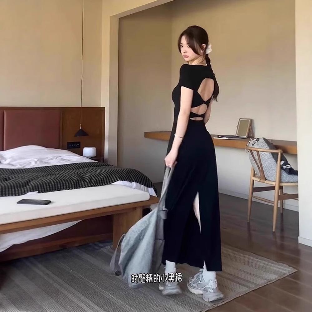 Temperament Slim and Thin Black Short-sleeved Split Backless Dress Children's Summer High-end Long Dress New