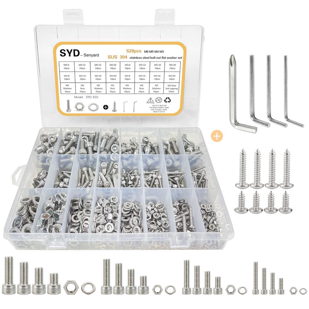 Senyard Bolt and Nut Set with Hex and M3 Stainless and Hex Wrench Storage Case Rust-Free Set, 528-Piece Sockets, M6, M5, M4, Screws, Steel, Screws,