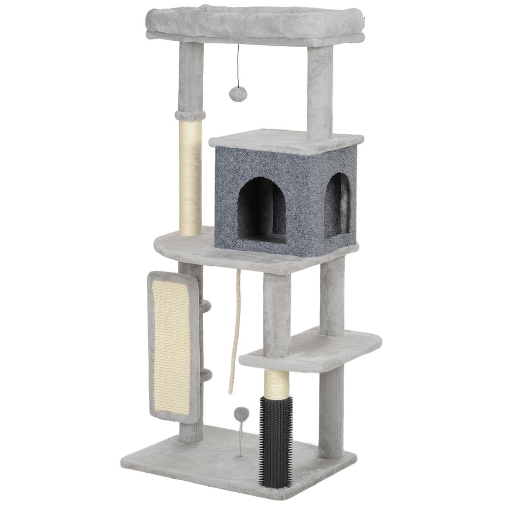 132cm Cat Tree W/ Scratching Posts, Pad, Cat Bed, Cat House, Jumping Platform, Grooming Brush, Anti-Tip Kit, Light Grey