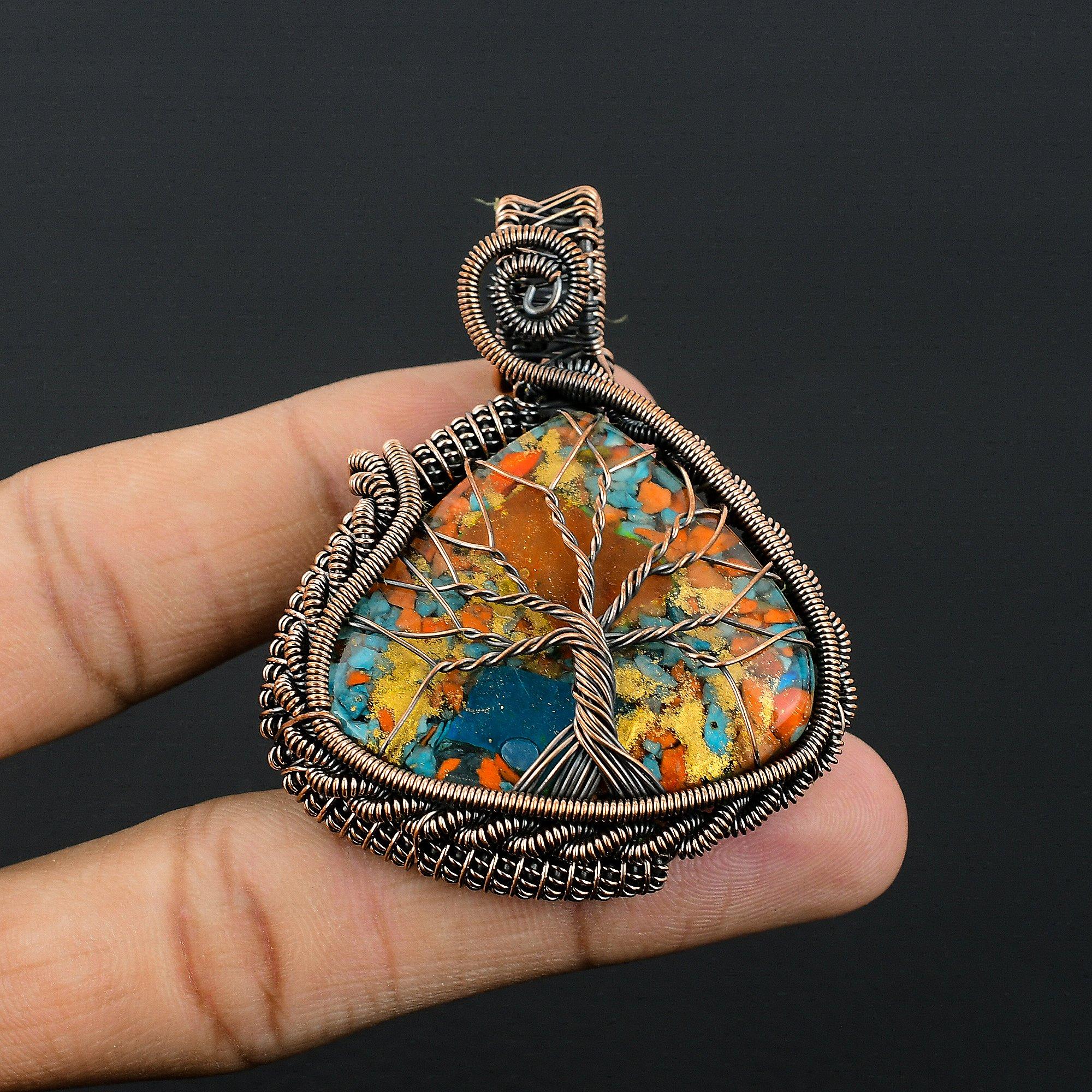 

Tree Of Life Multi Copper Turquoise Pendant Gemstone Jewelry, 999 Copper Wire Wrapped Handmade Pendant, Latest Design Jewelry 2.55 Inches