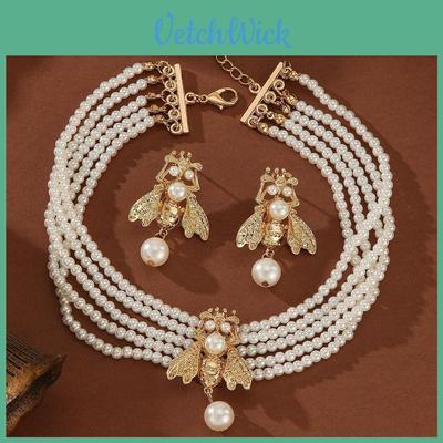 Fashionable Gold Small Bee Necklace And Earring Set With Layered Pearl Design For Women