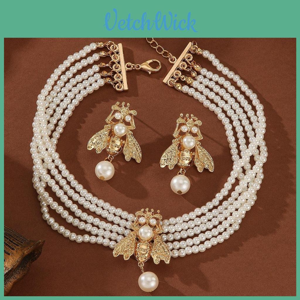 Fashionable Gold Small Bee Necklace And Earring Set With Layered Pearl Design For Women