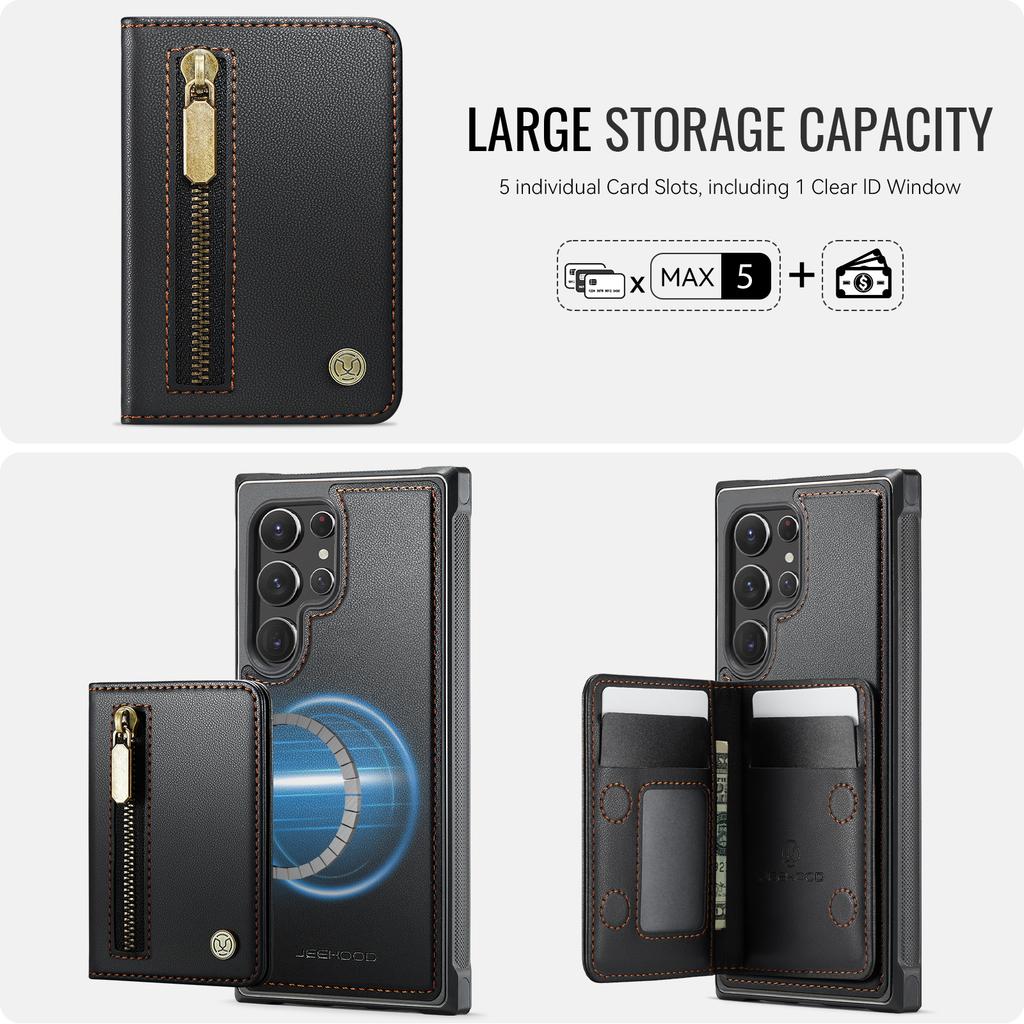 For Samsung Galaxy S22 Ultra 5G Case JEEHOOD J12 Magnetic Detachable Zipper Wallet Kickstand Leather Back Cover Magnetic Case
