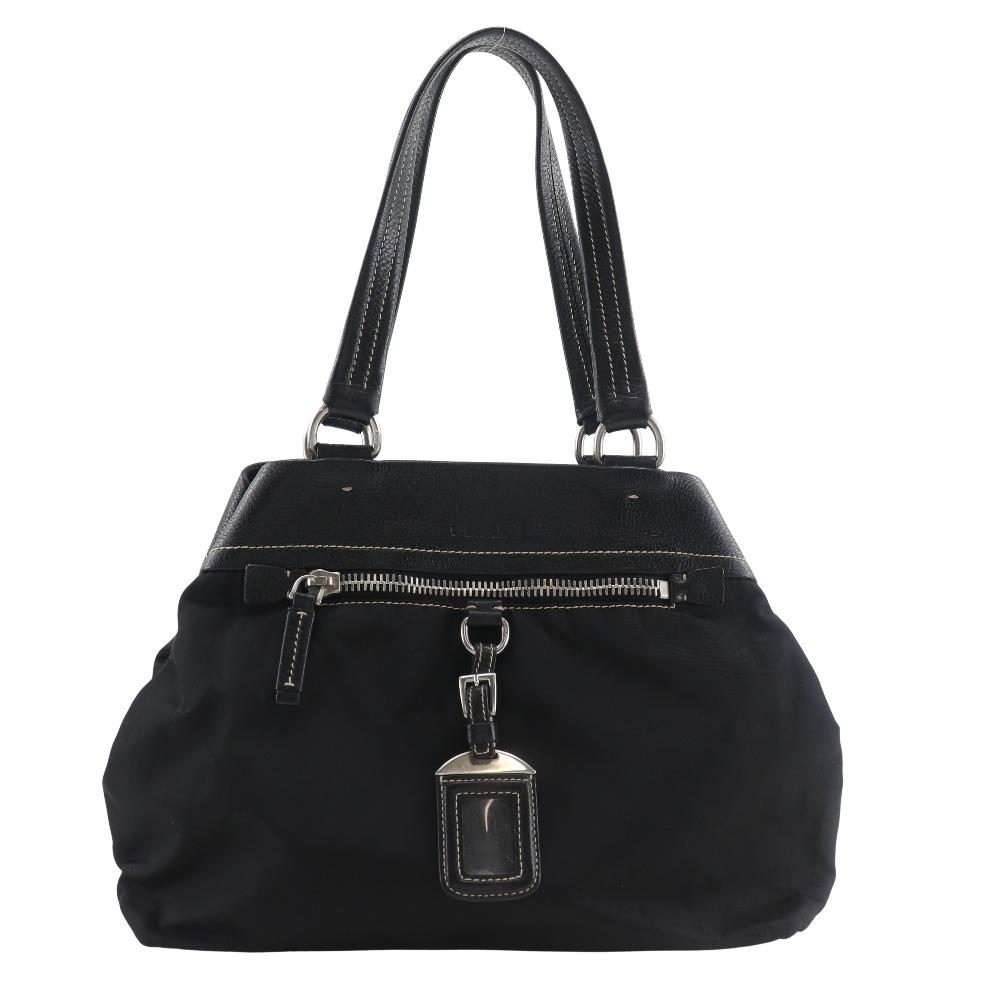 PRADA Logo embossing Tote Bag black Nylon/leather Women Used