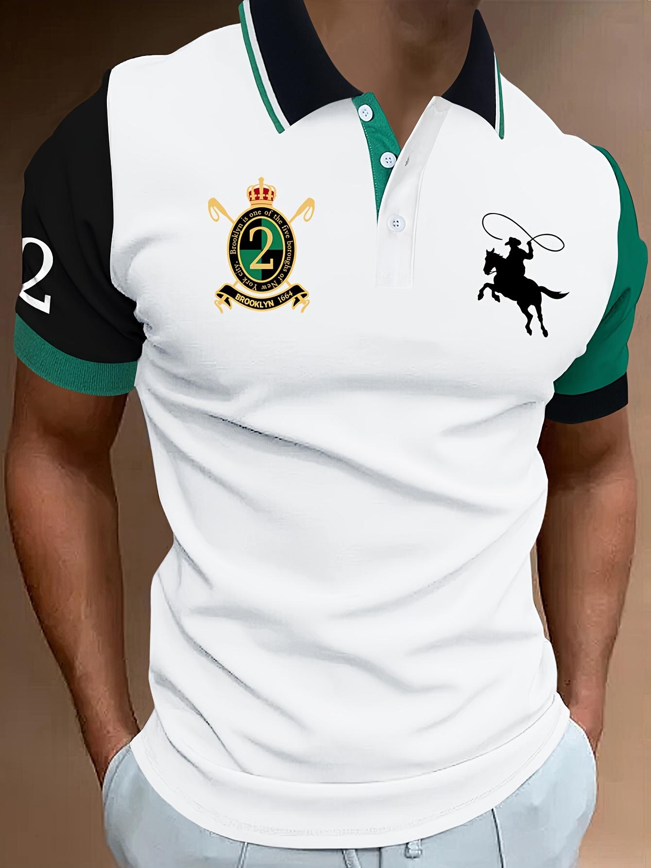 

2026 Men s Fashion Polo Shirt | Brooklyn 1664 Emblem & Cowboy Print | Color Block Short Sleeve Casual Golf Top for Summer S