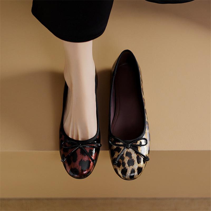 Fashion 2025 Spring/summer Shallow Mouth Flat Bottom Bow Round Toe Comfortable Loafers Cow Leather Leopard Print Woman Shoes Women Pumps