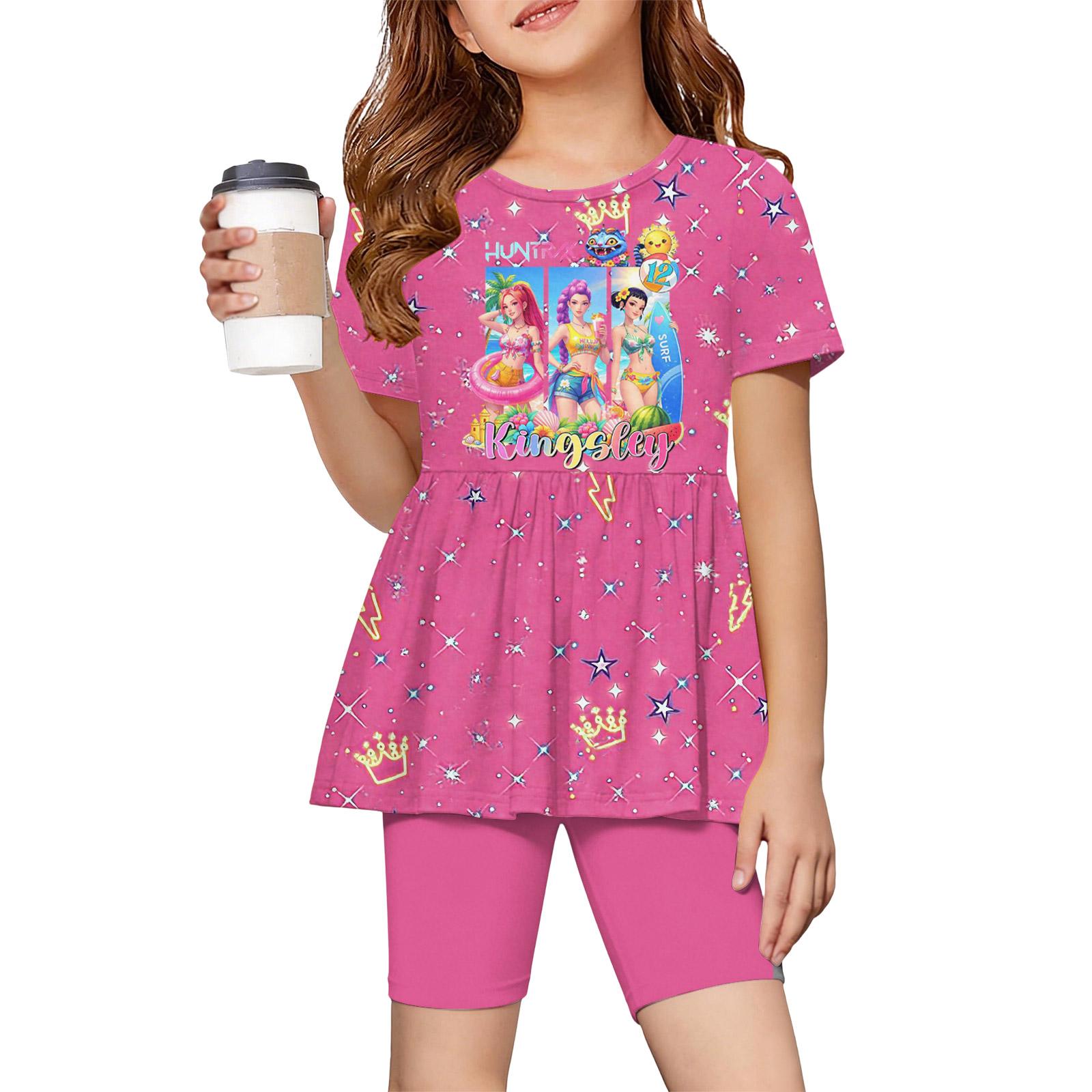 

Girls Summer Short Sleeve Ruffle Hem Top and Shorts Set Cartoon Print Outfit Comfortable Two Piece Clothing Suit for Kids 150