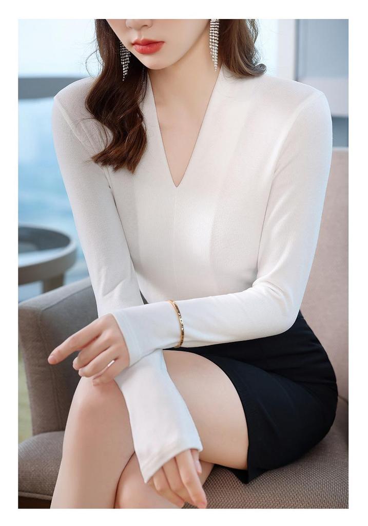 Women's Black V-neck Faux Cashmere Base Layer Top - Elegant, Slimming Autumn Outerwear for Small Suits