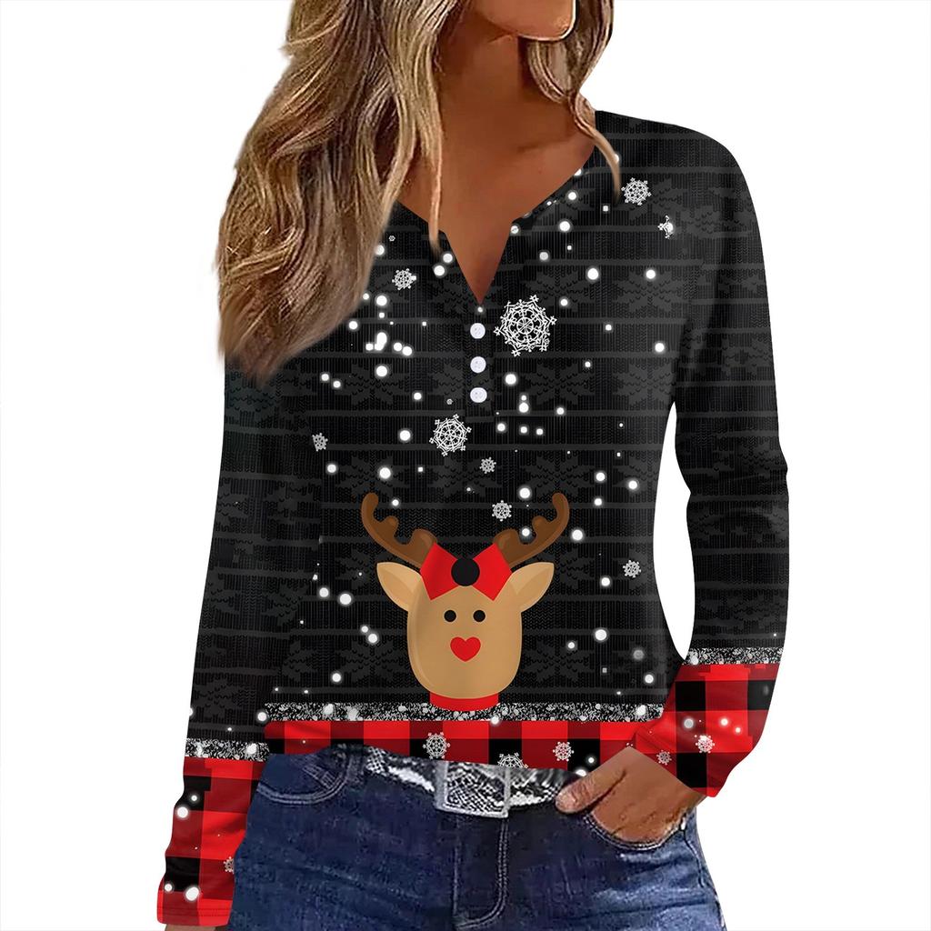 Women's T Shirt Tee Christmas Print Button Long Sleeve Daily Weekend Fashion Basic V- Neck Regular Top
