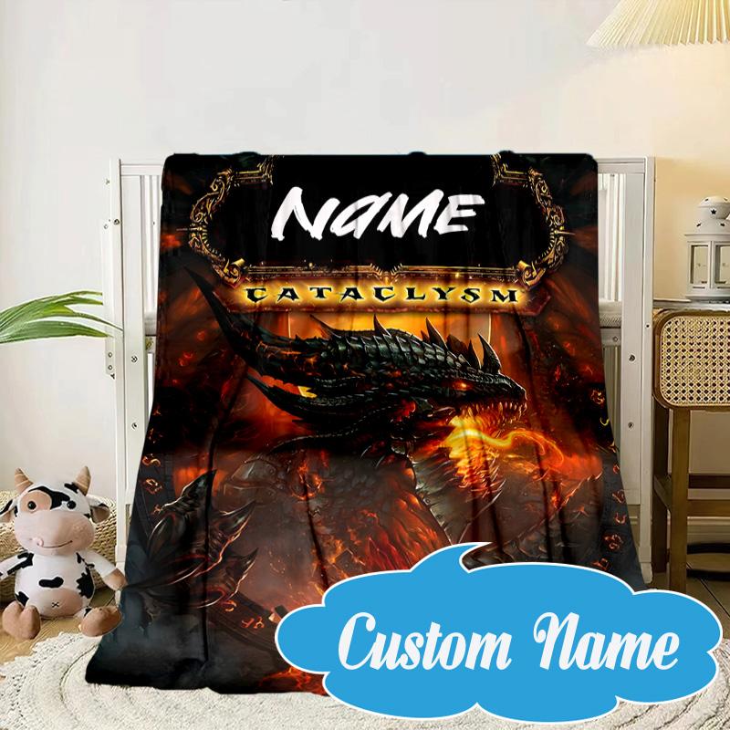 Custom Name Dragon's Fiery Warcraft Blanket bed sofa Blanket Flannel Blanket for Camping, Hiking, Picnic Essentials,gift for Fan family